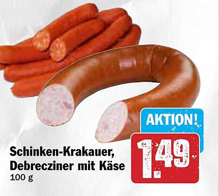 Schinken-Krakauer, Debrecziner mit Käse, 100 g