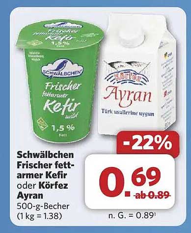Schwälbchen Frischer fettarmer Kefir oder Körfez Ayran 500-g-Becher