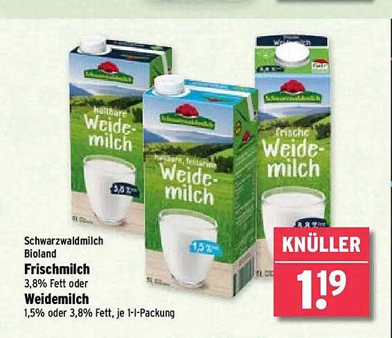 Schwarzwaldmilch Bioland Frischmilch 3,8% Fett oder Weidemilch 1,5% oder 3,8% Fett, je 1-l-Packung