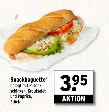 Snackbaguette belegt mit Putenschinken, Krautsalat und Paprika, Stück