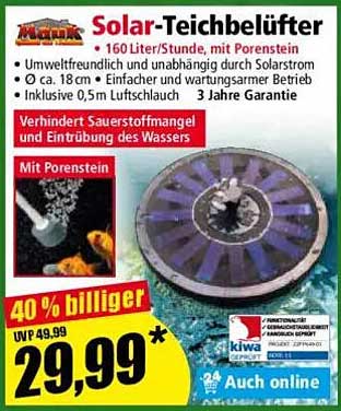 Solar-Teichbelüfter – 160 Liter/Stunde, mit Porenstein