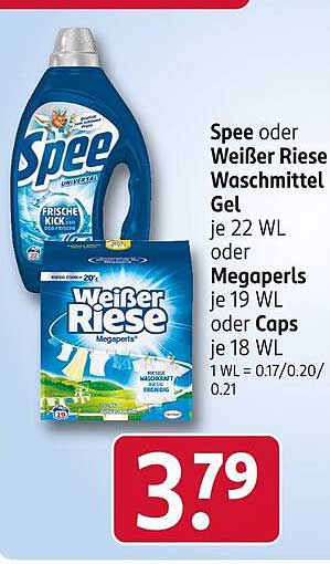 Spee oder Weißer Riese Waschmittel Gel – 22 WL oder Megaperls – 19 WL oder Caps – 18 WL
