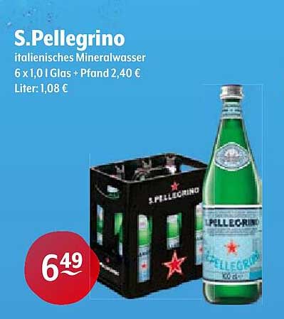 S.Pellegrino italienisches Mineralwasser 6 x 1,0 l Glas + Pfand 2,40 €