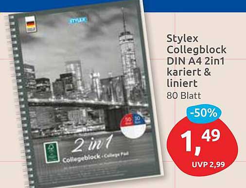 Stylex Collegeblock DIN A4 2in1 kariert & linierd 80 Blatt
