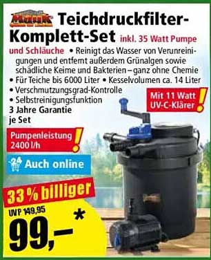 Teichdruckfilter-Komplett-Set inkl. 35 Watt Pumpe und Schläuche