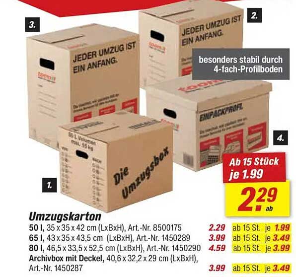 Umzugskarton 50 l, 65 l, 80 l und Archivbox mit Deckel
