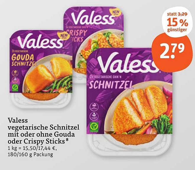 Valess vegetarische Schnitzel mit oder ohne Gouda oder Crispy Sticks