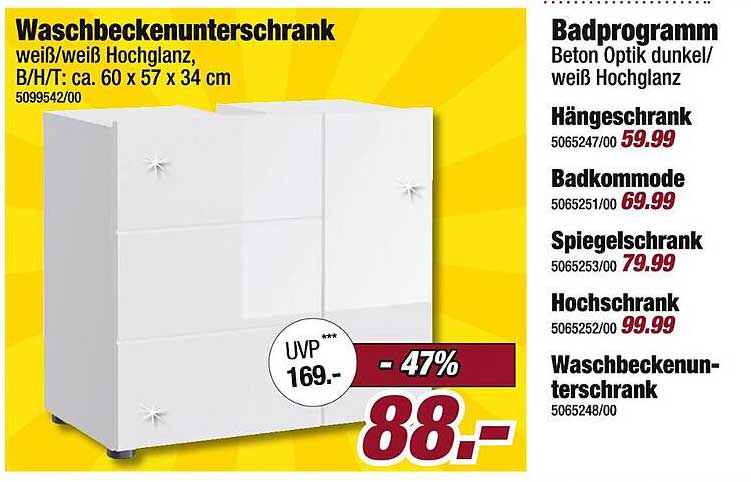 Waschbeckenunterschrank weiß/weiß Hochglanz, B/H/T: ca. 60 x 57 x 34 cm