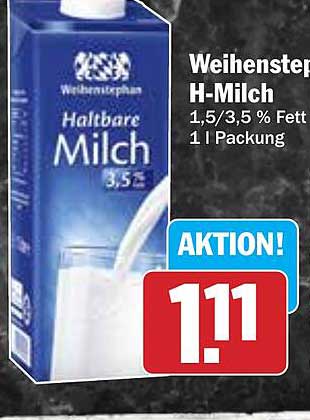 Weihenstephan H-Milch 1,5/3,5 % Fett 1 l Packung