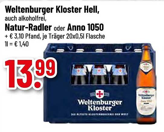 Weltenburger Kloster Hell, auch alkoholfrei, Natur-Radler oder Anno 1050