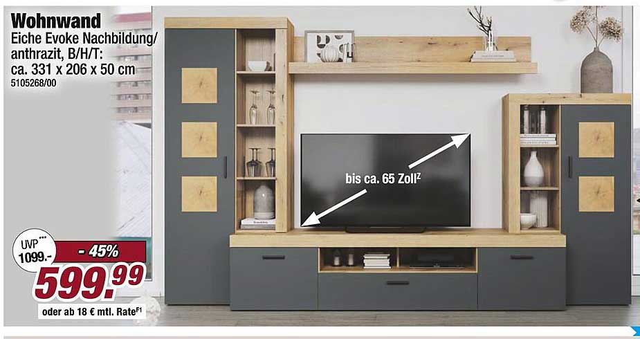 Wohnwand Eiche Evoke Nachbildung/anthrazit, B/H/T: ca. 331 x 206 x 50 cm