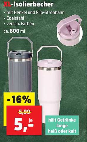 XL-Isolierbecher mit Henkel und Flip-Strohalm - verschiedene Farben