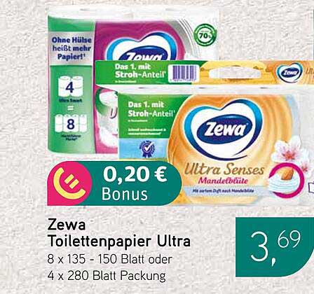 Zewa Toilettenpapier Ultra 8 x 135 - 150 Blatt oder 4 x 280 Blatt Packung