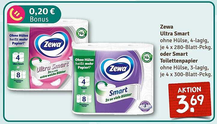 Zewa Ultra Smart Toilettenpapier 4-lagig, 280-Blatt-Packung oder Smart Toilettenpapier 3-lagig, 300-Blatt-Packung