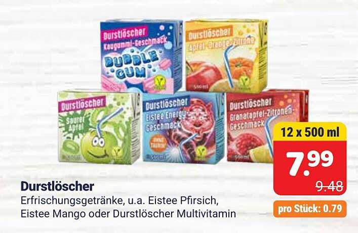 Durstlöscher Erfrischungsgetränke, u.a. Eistee Pfirsich, Eistee Mango oder Durstlöscher Multivitamin