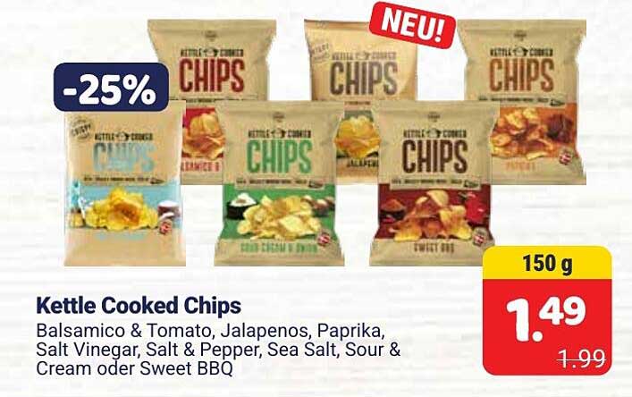 Kettle Cooked Chips Balsamico & Tomato, Jalapenos, Paprika, Salt Vinegar, Salt & Pepper, Sea Salt, Sour & Cream oder Sweet BBQ