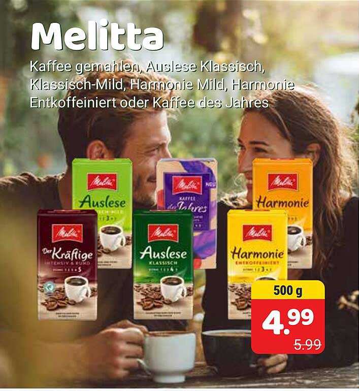 Melitta Kaffee gemahlen, Auslese Klassisch, Klassisch-Mild, Harmonie Mild, Harmonie Entkoffeiniert oder Kaffee des Jahres