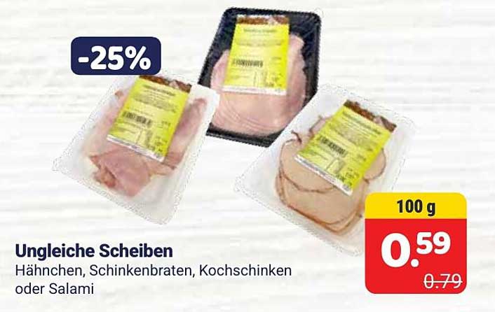 Ungleiche Scheiben Hähnchen, Schinkenbraten, Kochschinken oder Salami