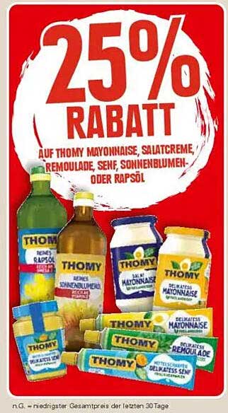 25% Rabatt auf Thomy Mayonnaise, Salatcreme, Remoulade, Senf, Sonnenblumen- oder Rapsöl