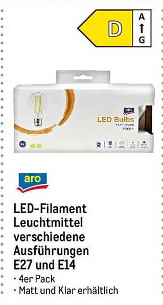 aro LED-Filament Leuchtmittel verschiedene Ausführungen E27 und E14 - 4er Pack