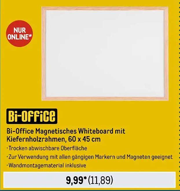 Bi-Office Magnetisches Whiteboard mit Kiefernholzrahmen, 60 x 45 cm