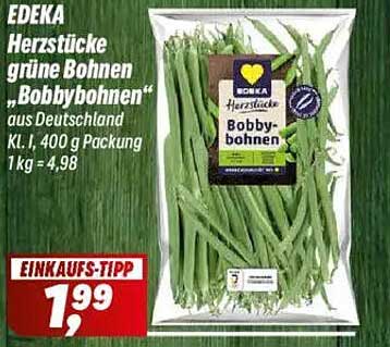 EDEKA Herzstücke grüne Bohnen „Bobbybohnen“ 400 g zum Einkaufs-Tipp Preis von 1,99 €