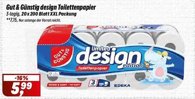 Gut & Günstig design Toilettenpapier 3-lagig, 20 x 200 Blatt XXL Packung