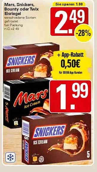 Mars, Snickers, Bounty oder Twix Eisriegel 5er Packung