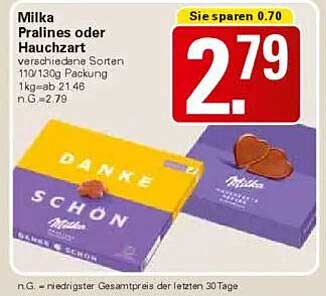 Milka Pralines oder Hauchart verschiedene Sorten 110/130g Packung
