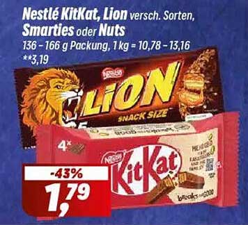 Nestlé KitKat, Lion, Smarties oder Nuts – 136-166 g Packung