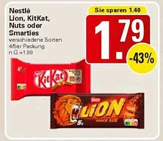 Nestlé Lion, KitKat, Nuts oder Smarties - 4/5er Packung