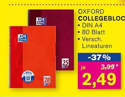 OXFORD COLLEGEBLOCK DIN A4 - 80 Blatt, verschiedene Lineaturen