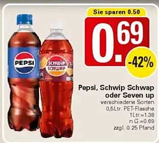Pepsi, Schwip Schwap oder Seven Up 0,5L PET-Flasche