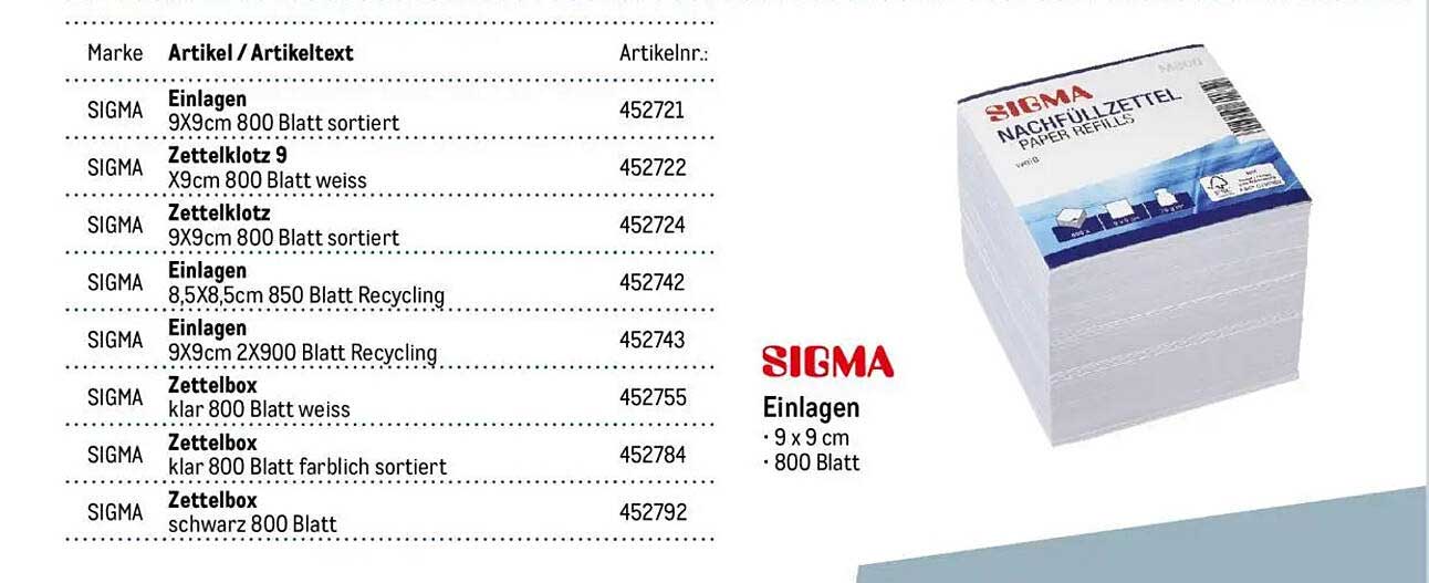 SIGMA Einlagen 9 x 9 cm - 800 Blatt sortiert