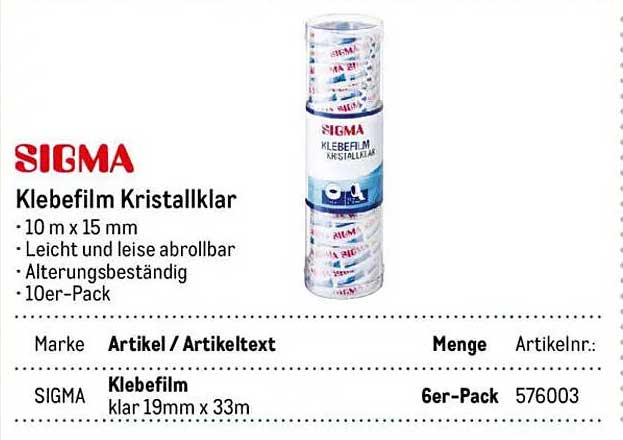 SIGMA Klebefilm Kristallklar 10 m x 15 mm - 6er-Pack