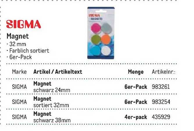 SIGMA Magnet 32 mm - Farbig sortiert im 6er-Pack