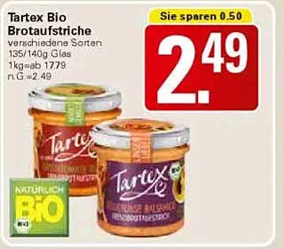 Tartex Bio Brotaufstriche verschiedene Sorten 135/140g Glas