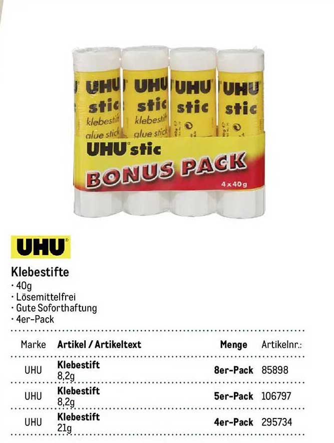UHU Klebestifte 4er-Pack (40g je Stift)