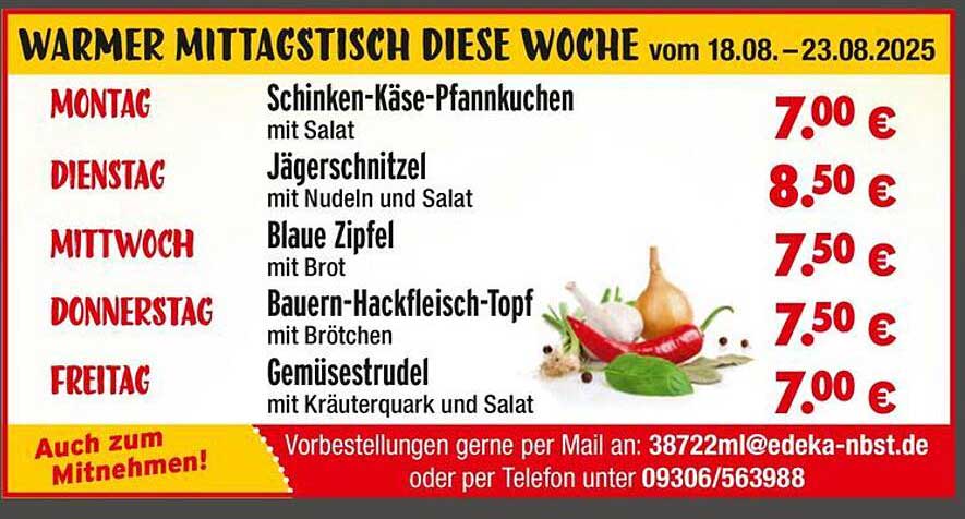 Warmer Mittagstisch diese Woche vom 18.08. bis 23.08.2025