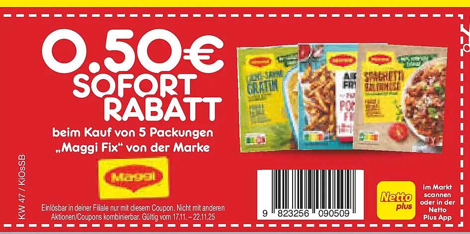 0,50 € Sofortrabatt beim Kauf von 5 Packungen „Maggi Fix“