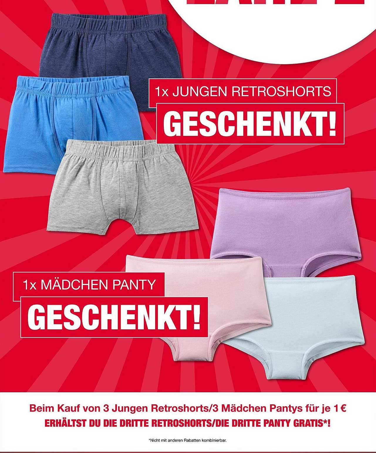 3 Jungen Retrosorts oder 3 Mädchen Pantys für je 1 € - 1 geschenkt!