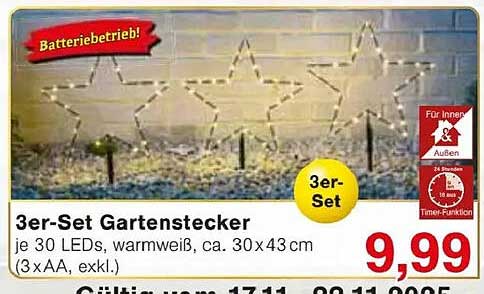 3er-Set Gartenstecker mit 30 LEDs, warmweiß