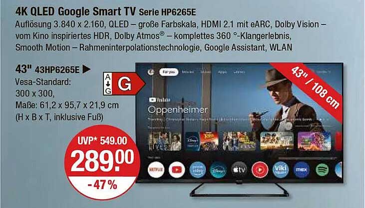 4K QLED Google Smart TV Serie HP6265E 43"