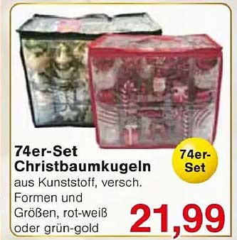 74er-Set Christbaumkugeln aus Kunststoff, versch. Formen und Größen, rot-weiß oder grün-gold
