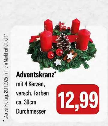 Adventskranz mit 4 Kerzen, versch. Farben, ca. 30 cm Durchmesser