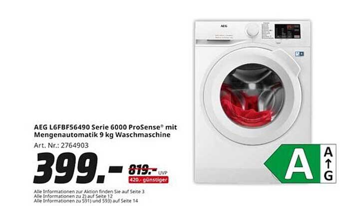 AEG L6FBF56490 Serie 6000 ProSense® mit Mengenautomatik 9 kg Waschmaschine