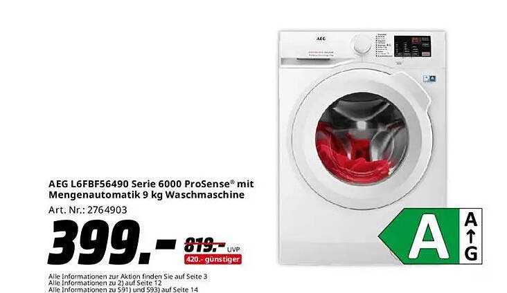 AEG L6FBF56490 Serie 6000 ProSense® mit Mengenautomatik 9 kg Waschmaschine