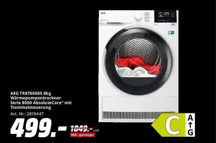 AEG TR8T60685 8kg Wärmepumpentrockner Serie 8000 AbsoluteCare® mit Trommelsteuerung