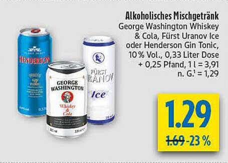 Alkoholfreies Mischgetränk: George Washington Whiskey & Cola, Fürst Uranov Ice oder Henderson Gin Tonic