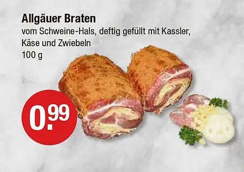 Allgäuer Braten vom Schweine-Hals, deftige gefüllt mit Kassler, Käse und Zwiebeln